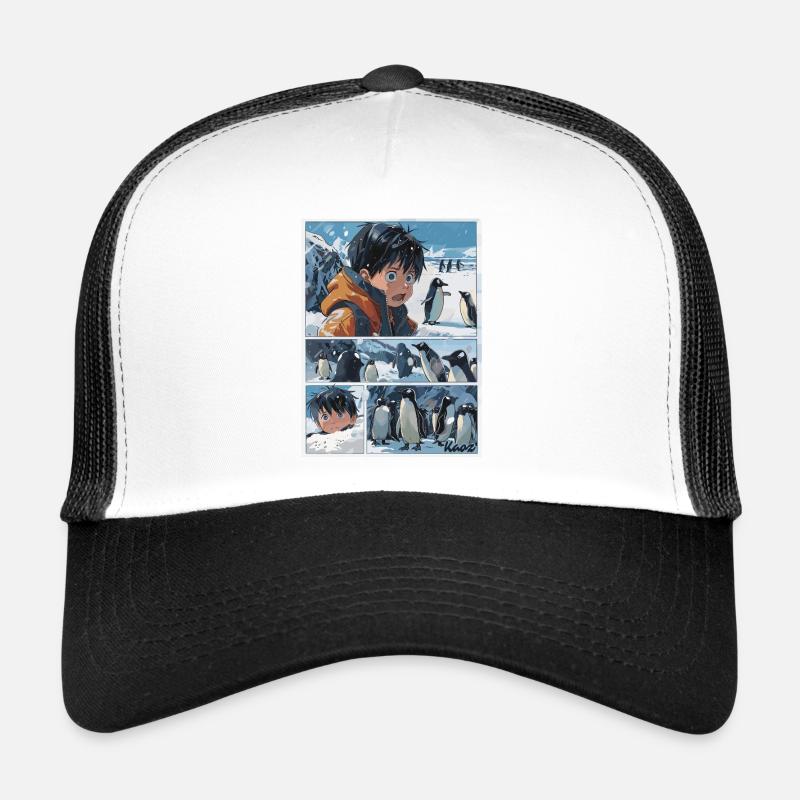 Verirrter Junge und Pinguine im Comic Stil Trucker Cap