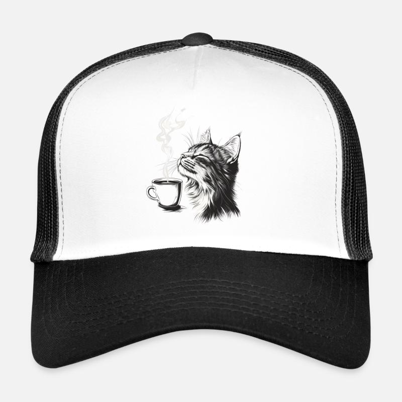 Relaxed Cat with Coffee - Sketch Style Trucker Cap