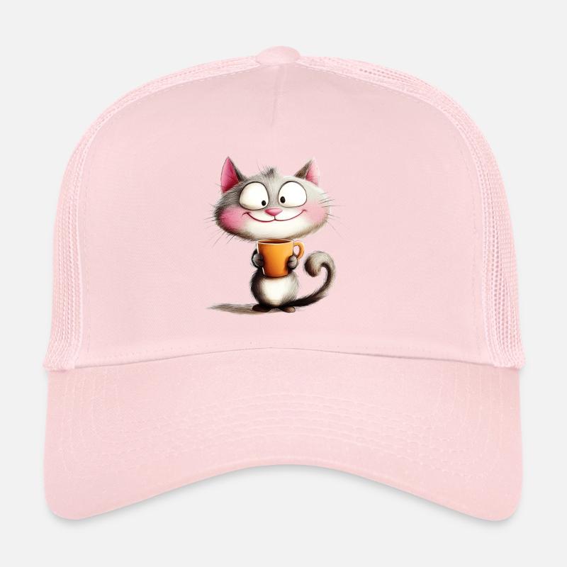 Chat joyeux avec du café - Style dessin animé Casquette trucker 