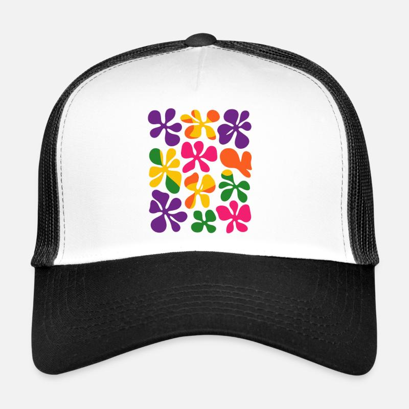 Matisse inspiriert: Abstraktes Retro Blumenmuster - Trucker Cap - Weiß/Schwarz