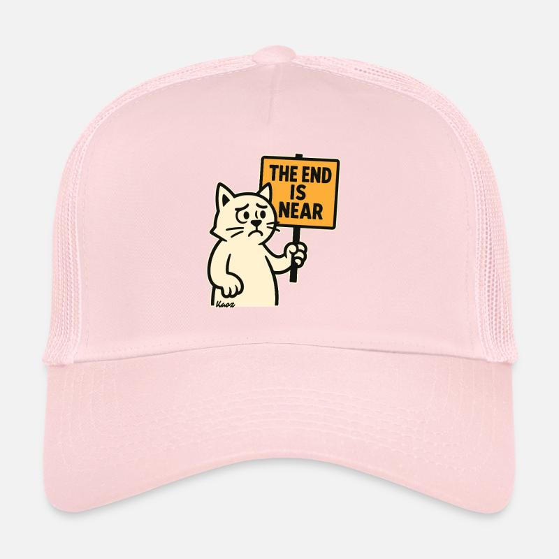 Traurige Katze mit „Das Ende naht“ Trucker Cap