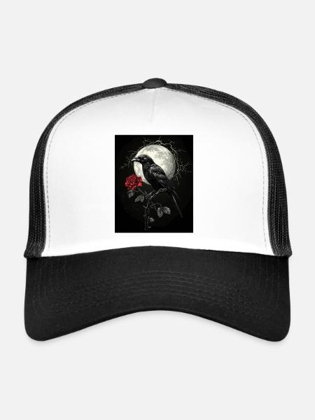 Raven Rose Moon Gloomy Gothic Black Crow - Trucker Cap - white/black - Front