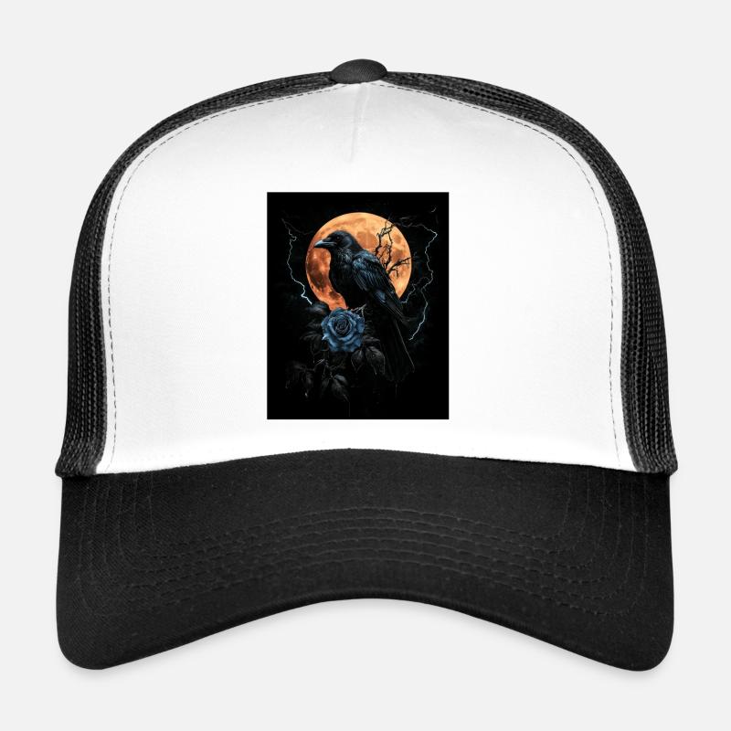 Rabe Rose Mond Düster Gothic Schwarze Krähe - Trucker Cap - Weiß/Schwarz