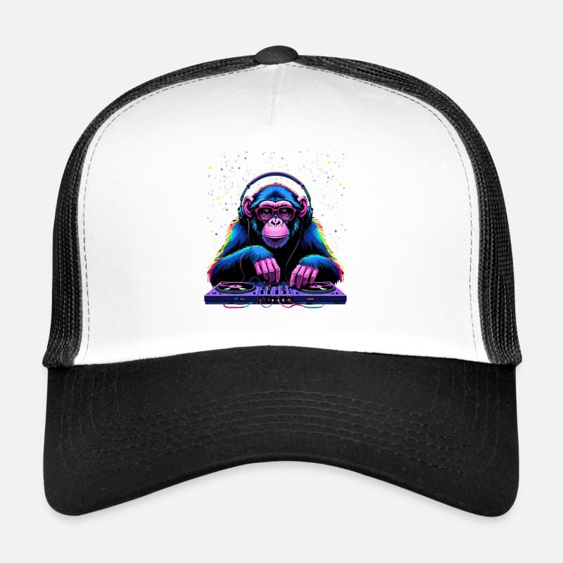 Singe DJ coloré avec des écouteurs et des lunettes Casquette trucker