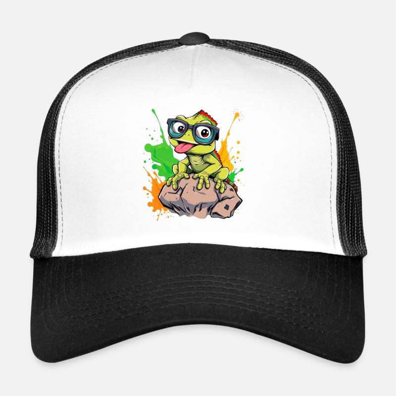Funny gecko with glasses and color explosion Trucker Cap