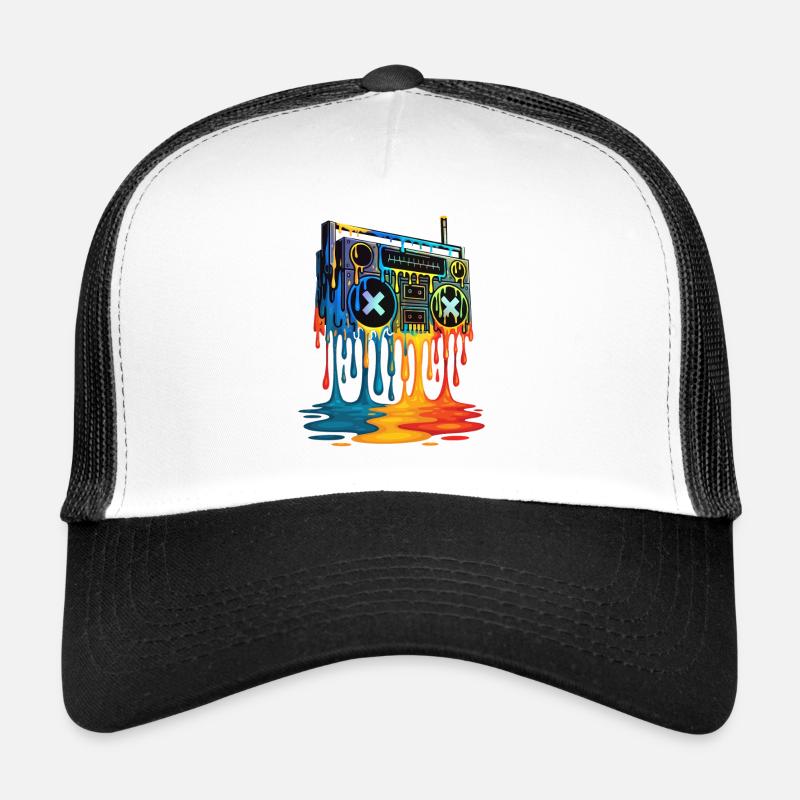 Tropfende Farbe Ghettoblaster Retro Hip Hop Kunst Rückblick Trucker Cap