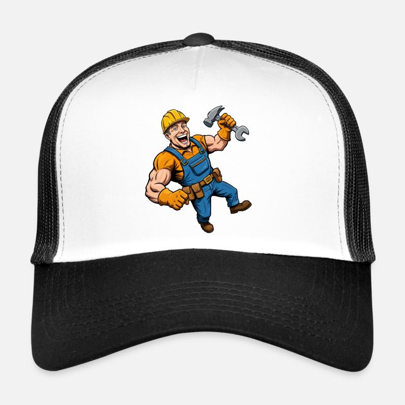 Ouvrier du bâtiment de dessin animé joyeux avec des outils Casquette trucker 