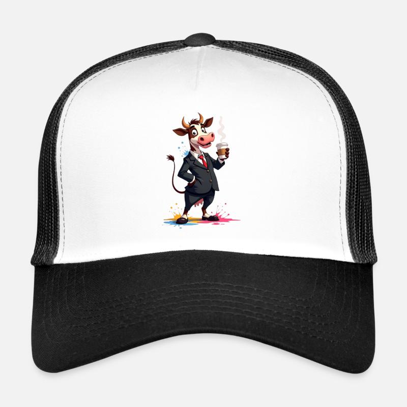 Charming cow in suit style with coffee Trucker Cap