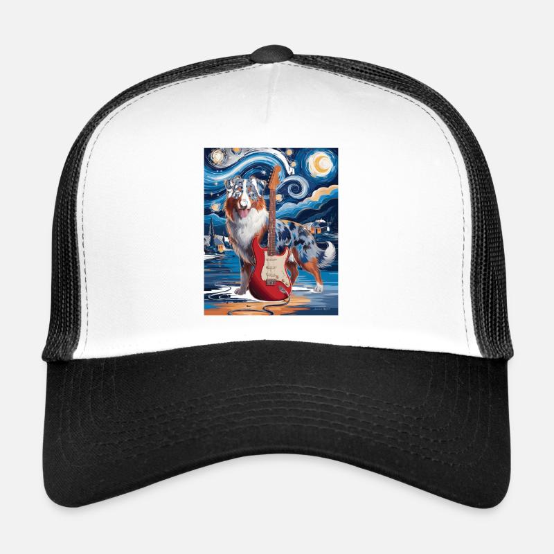 Sternennacht Hund mit E-Gitarre Trucker Cap