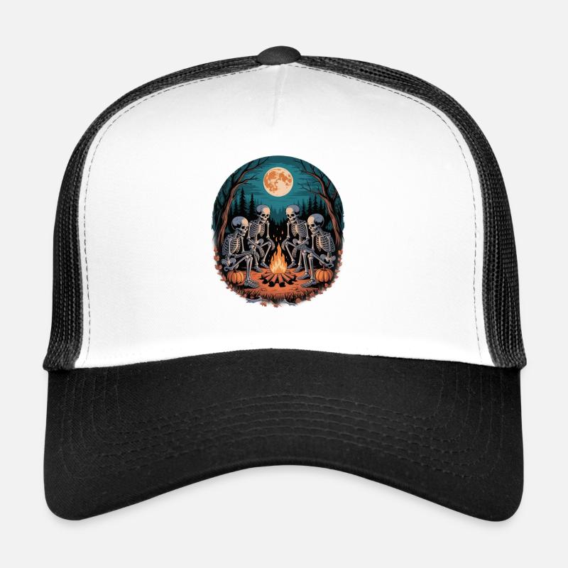 Skeleton Camper Hiker Bonfire Halloween Camping Trucker Cap
