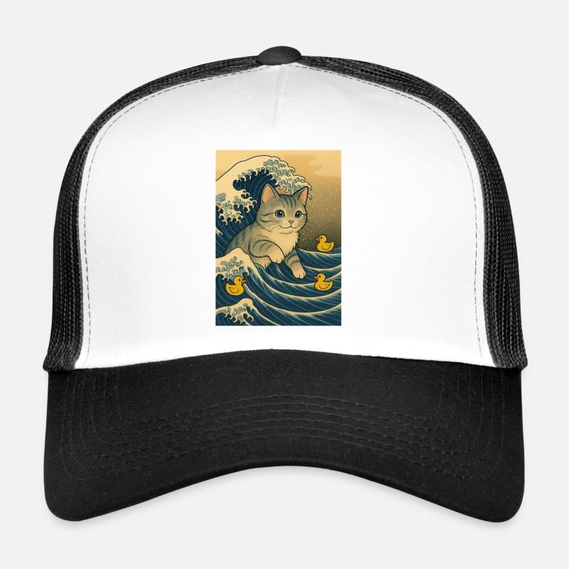 Chats dans la mer de vagues avec des canards - Casquette trucker  - blanc/noir