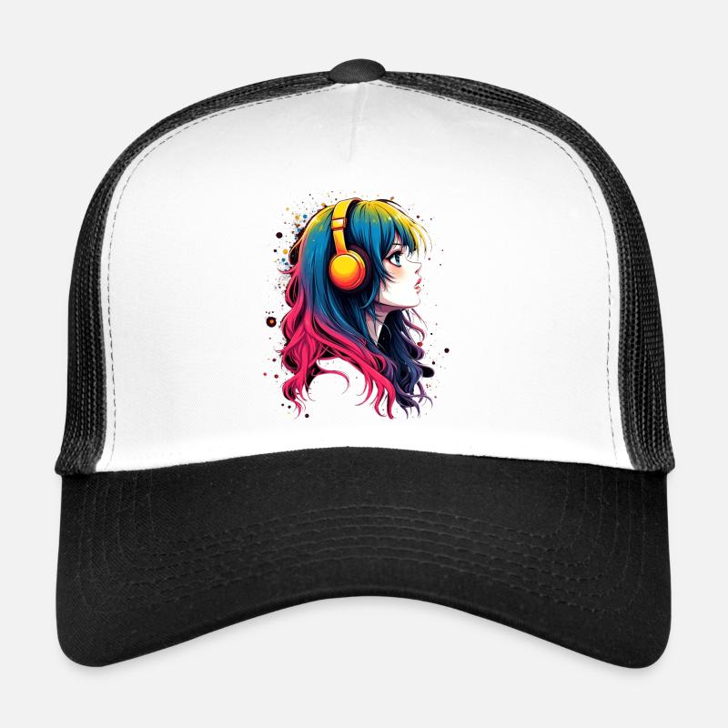 Farbiger Anime-Charakter mit Kopfhörer - Trucker Cap - Weiß/Schwarz