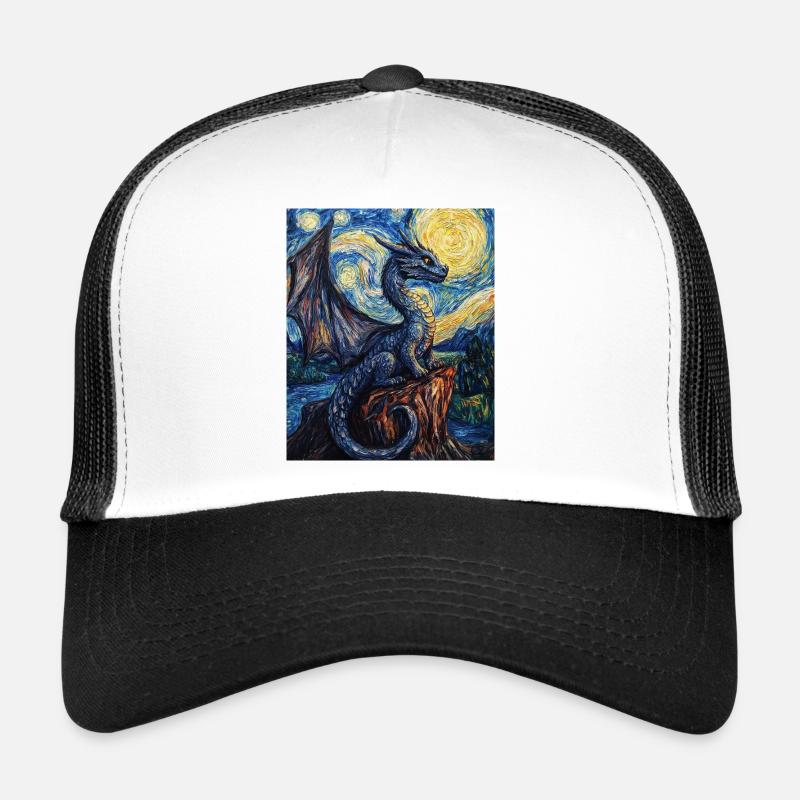 Drache Drachen Dragon Van Gogh Style Starry Night - Trucker Cap - Weiß/Schwarz