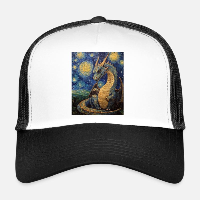 Drache Drachen Dragon Van Gogh Style Starry Night - Trucker Cap - Weiß/Schwarz