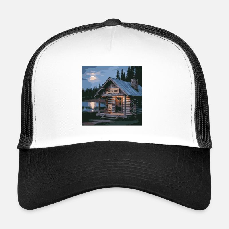 Rustic Lake Cabin Night Scene Trucker Cap