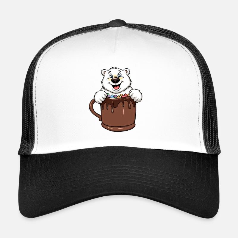 Playful polar bear with chocolate cup Trucker Cap