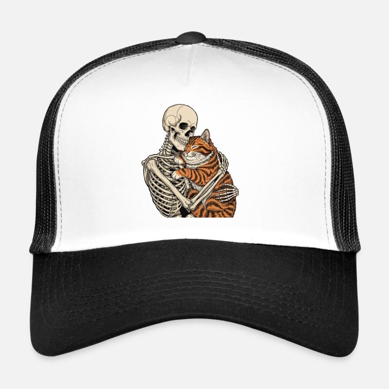 Skeleton Hugging Cat — Spooky Cat Skeleton Cuddle Trucker Cap