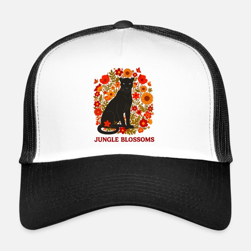 Panthère Noire et Jungle Fleurs botanique - Casquette trucker  - blanc/noir