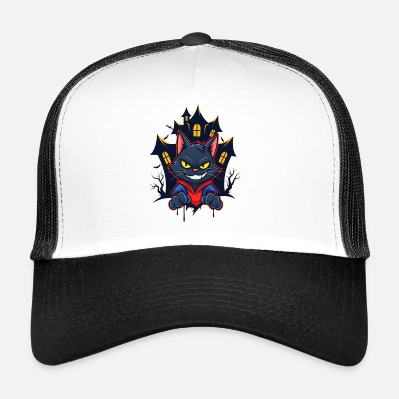 Grinsende Katze vor Spukhaus Trucker Cap