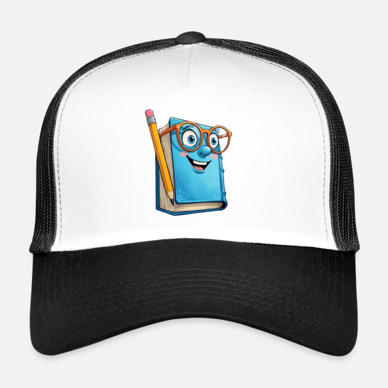 Fröhlicher Buchheld mit Brille und Bleistift Trucker Cap