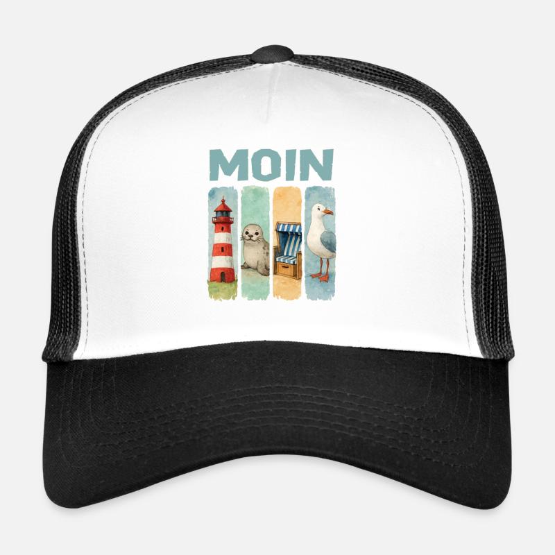 Moin Leuchtturm Robbe Strandkorb Möwe Küste - Trucker Cap - Weiß/Schwarz