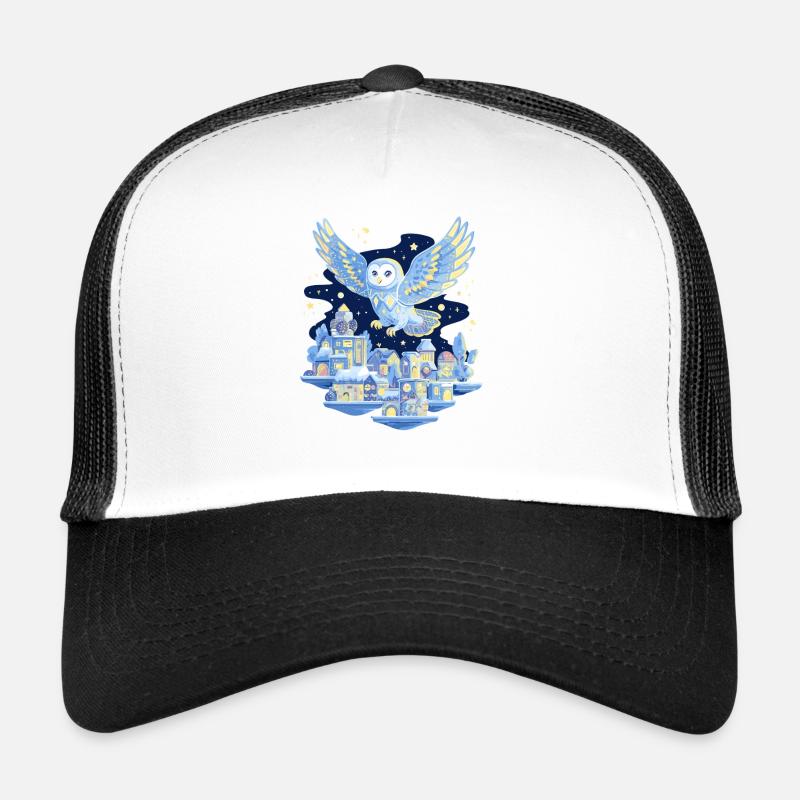 Owl flight over city at night Trucker Cap