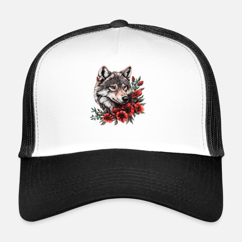Wolfsgesicht mit roten Blüten Trucker Cap