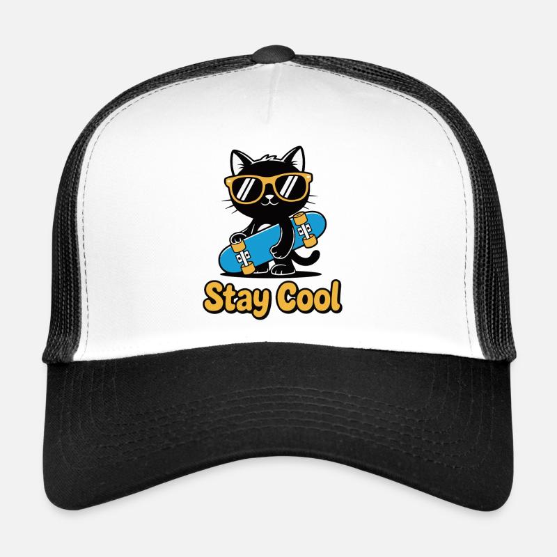 Stay Cool Cat Skateboard - Trucker Cap - Weiß/Schwarz