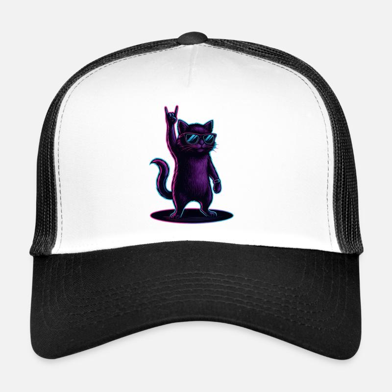 Chat Chat Synthwave avec la pose Rockhand Casquette trucker 