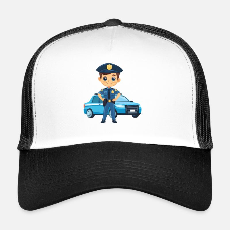 Polizeiheld Cartoon vor Polizeiauto Trucker Cap