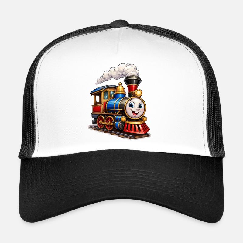 Fröhliche Cartoon-Dampflok mit Gesicht - Trucker Cap - Weiß/Schwarz