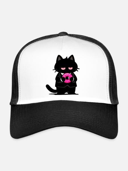Chat noir avec un donut rose - Casquette trucker  - blanc/noir - Devant