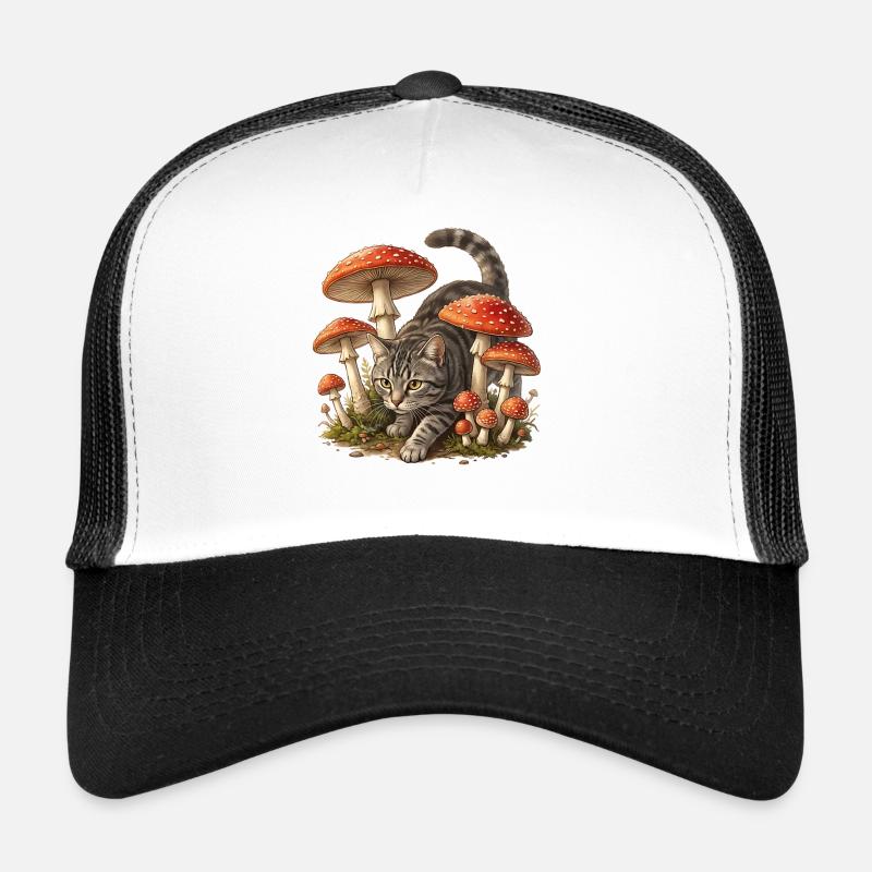 Chat dans la forêt de champignons Art fantastique Casquette trucker 