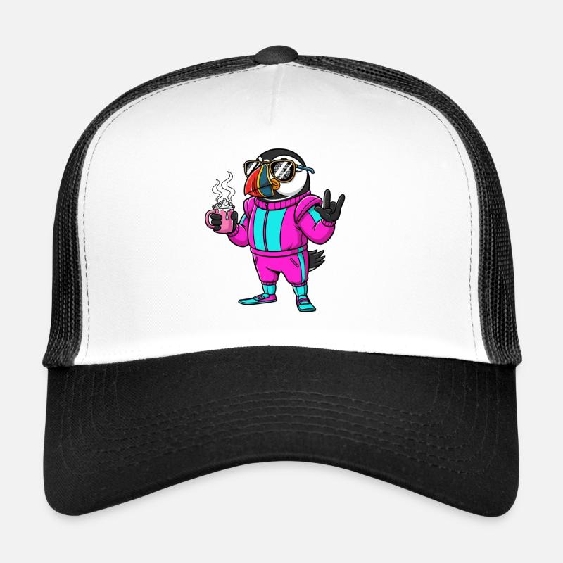 Stylish bird in ski jumpsuit with coffee Trucker Cap