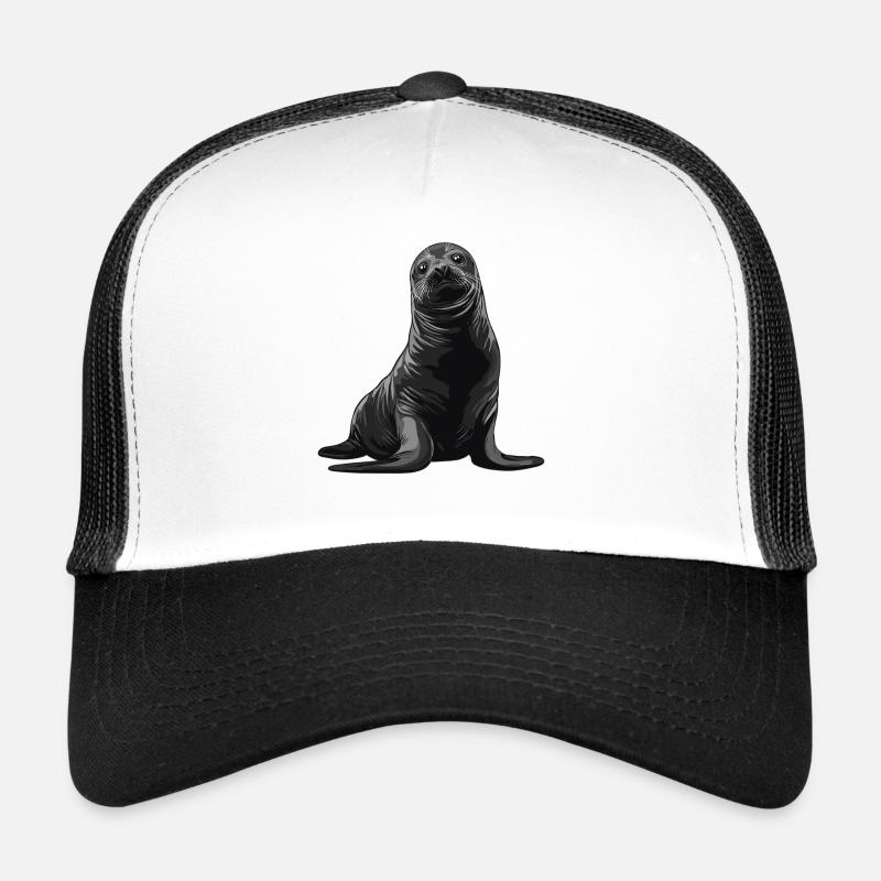 Graue Robbenillustration mit neugierigem Blick - Trucker Cap - Weiß/Schwarz