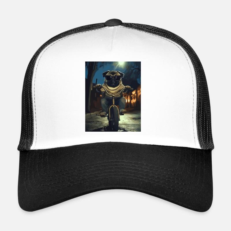 Pug on bike at night Trucker Cap