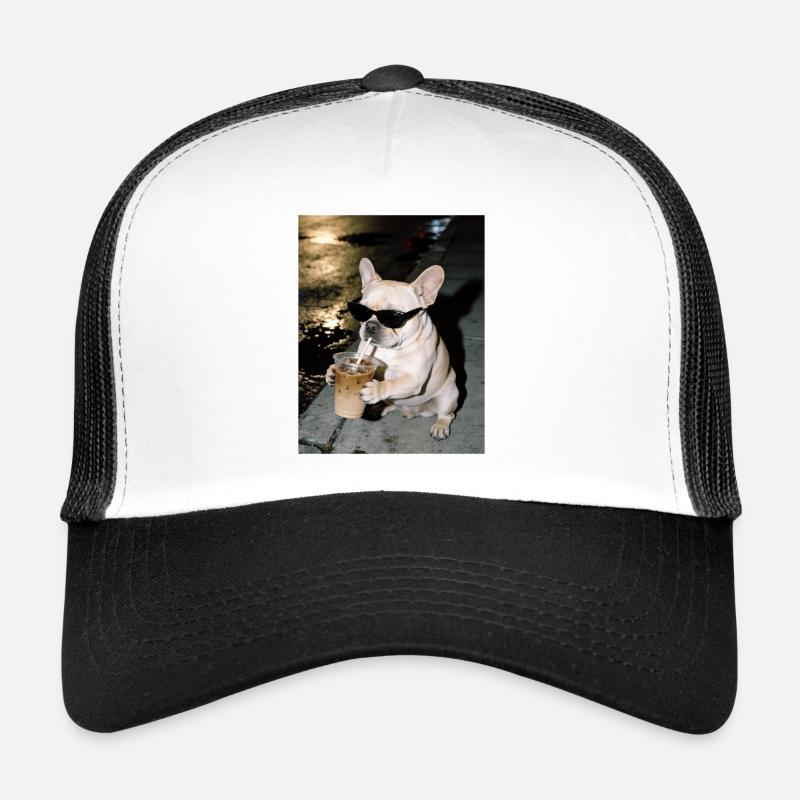 French Bulldog Drinking Iced Coffee - Trucker Cap - white/black