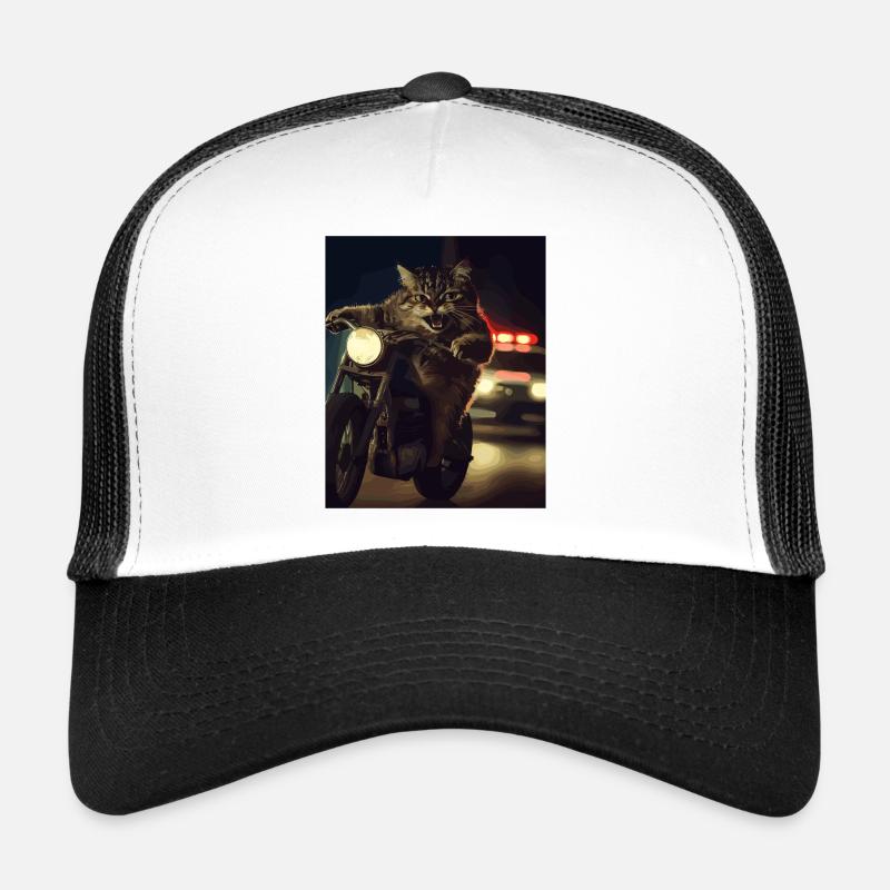 Cat on motorcycle at night Trucker Cap