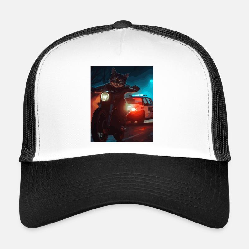 Night Cat on Motorcycle Noir Trucker Cap