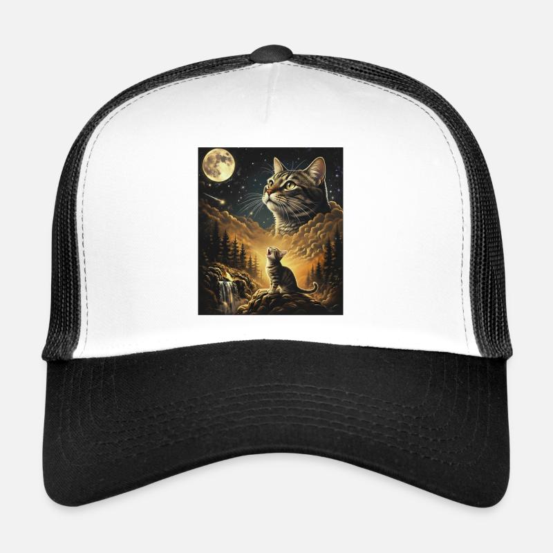Le chat de la lune au-dessus de la forêt de nuages Le chat hurle à la lune Casquette trucker 