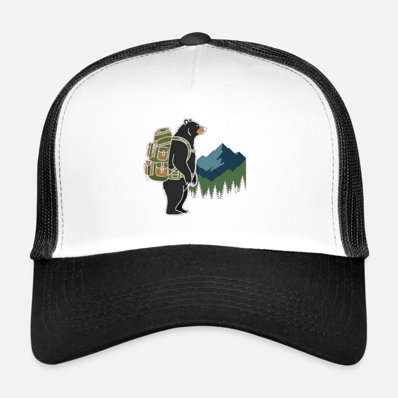 Bear with backpack in front of mountain landscape Trucker Cap