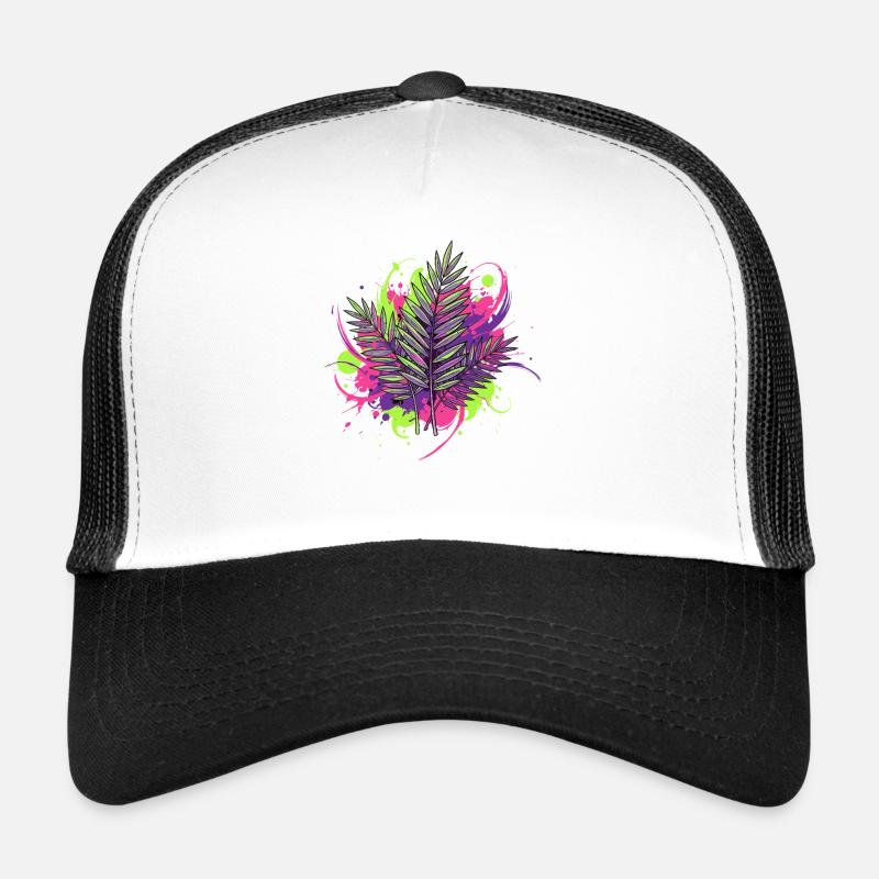 Neon Tropical Leaf with Paint Splashes Trucker Cap