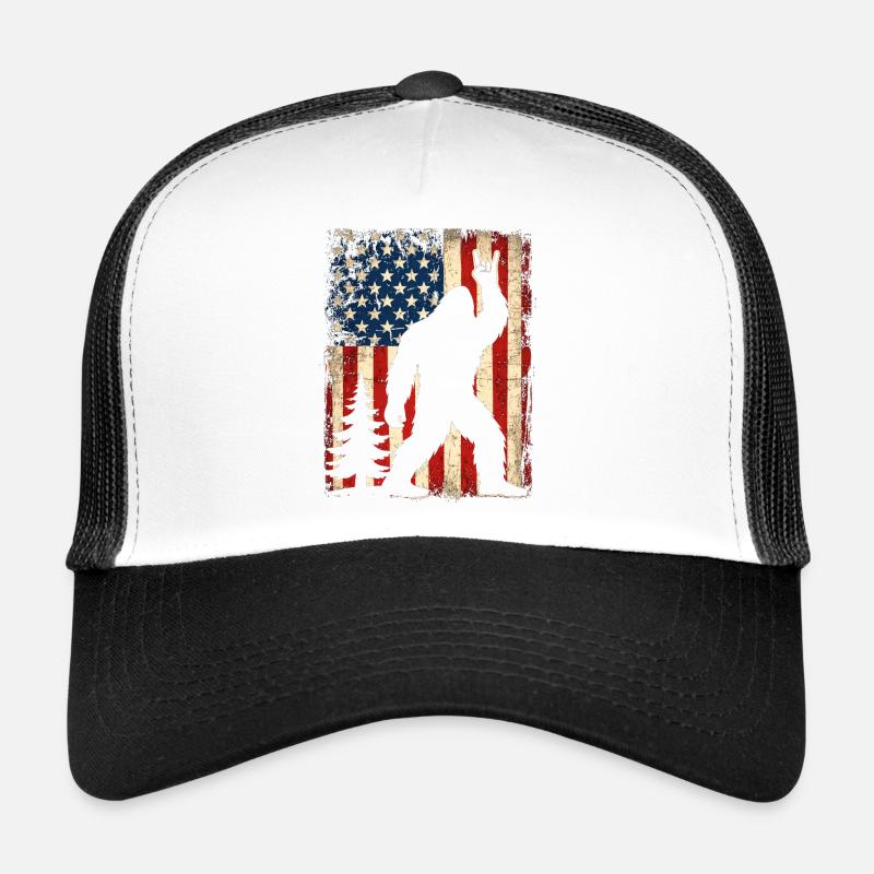 Bigfoot Rock On Shield Sasquatch Yeti USA Flag Trucker Cap