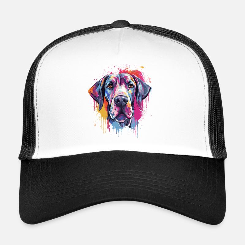 Bunte Hundesplash-Kunst Deutsche Dogge - Trucker Cap - Weiß/Schwarz