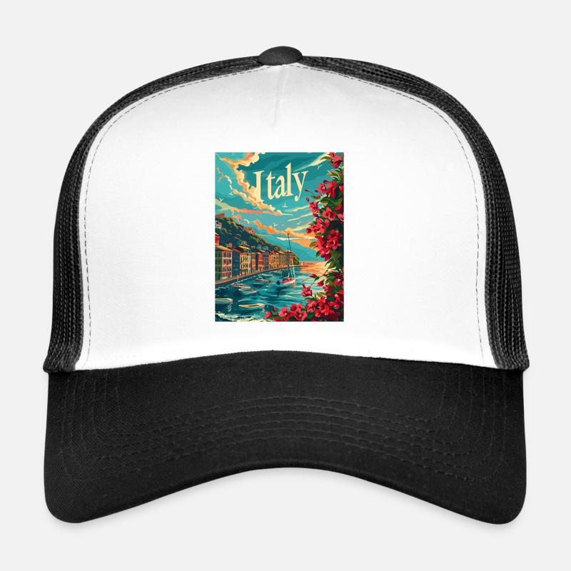 Paysage côtier italien avec des fleurs et Casquette trucker 