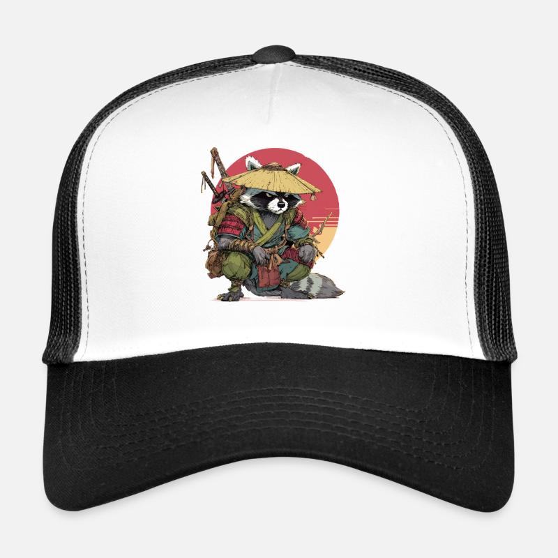 Raccoon Samurai with Straw Hat Trucker Cap
