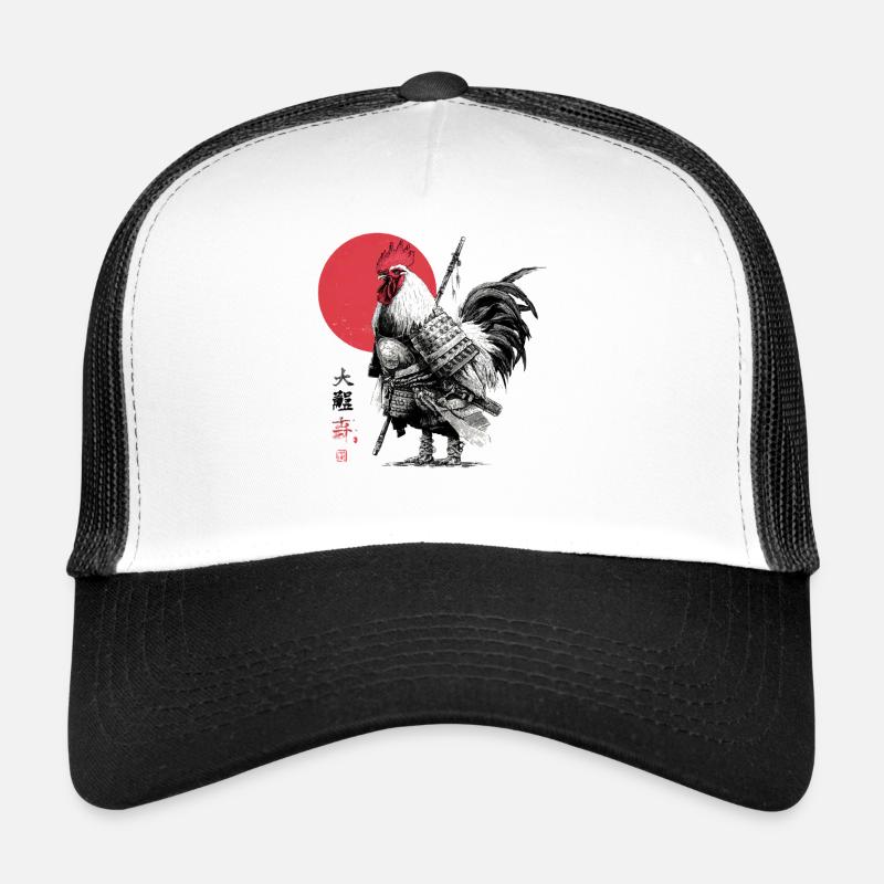 Coq de samouraï en armure sous le soleil rouge Casquette trucker 