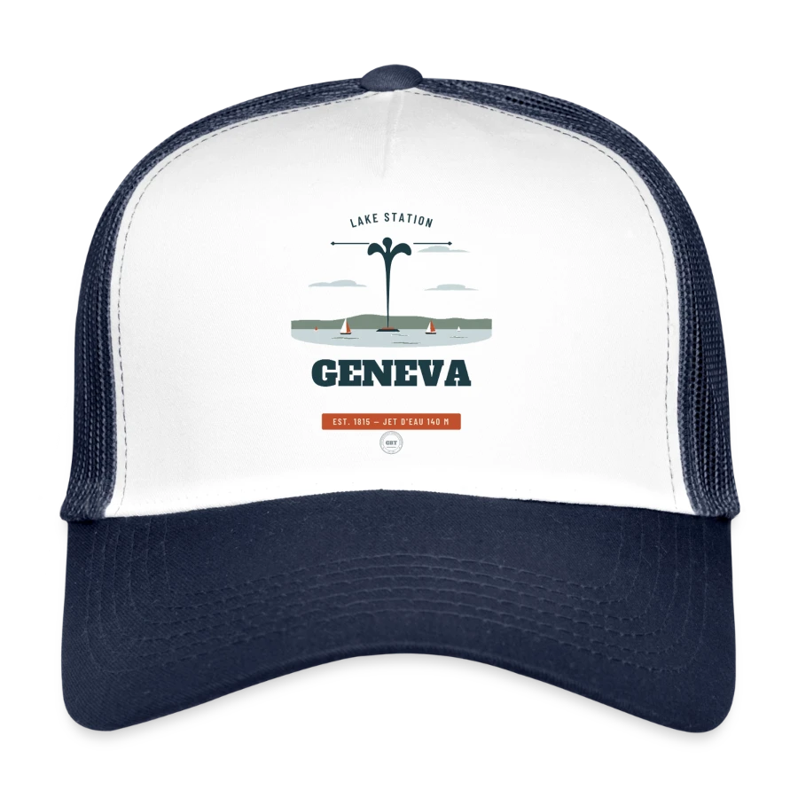 Geneva badge on a trucker cap, white/navy