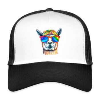 Alpaka, LGTB,Regenbogen,Sonnenbrille,bunt - Trucker Cap - Weiß/Schwarz - Vorne