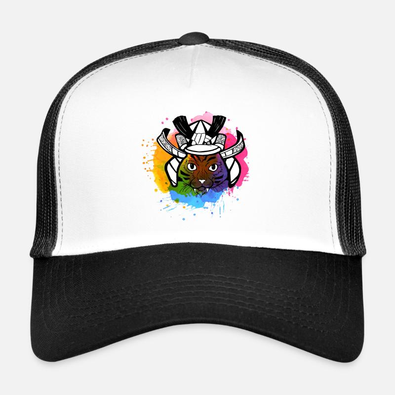 Cute hanging samurai cat with splashes of paint Trucker Cap